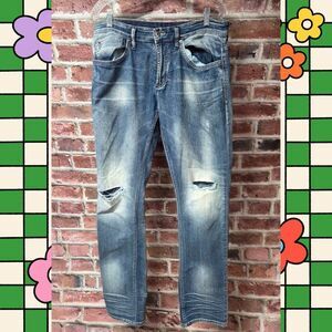 Ash X Jeans 33x32 | Blue Ripped Wide Leg Low Rise Y2K Streetwear Grunge‎